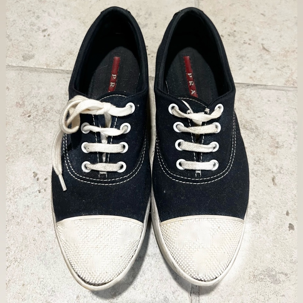 PRADA Navy blue and White Canvas platform sneakers